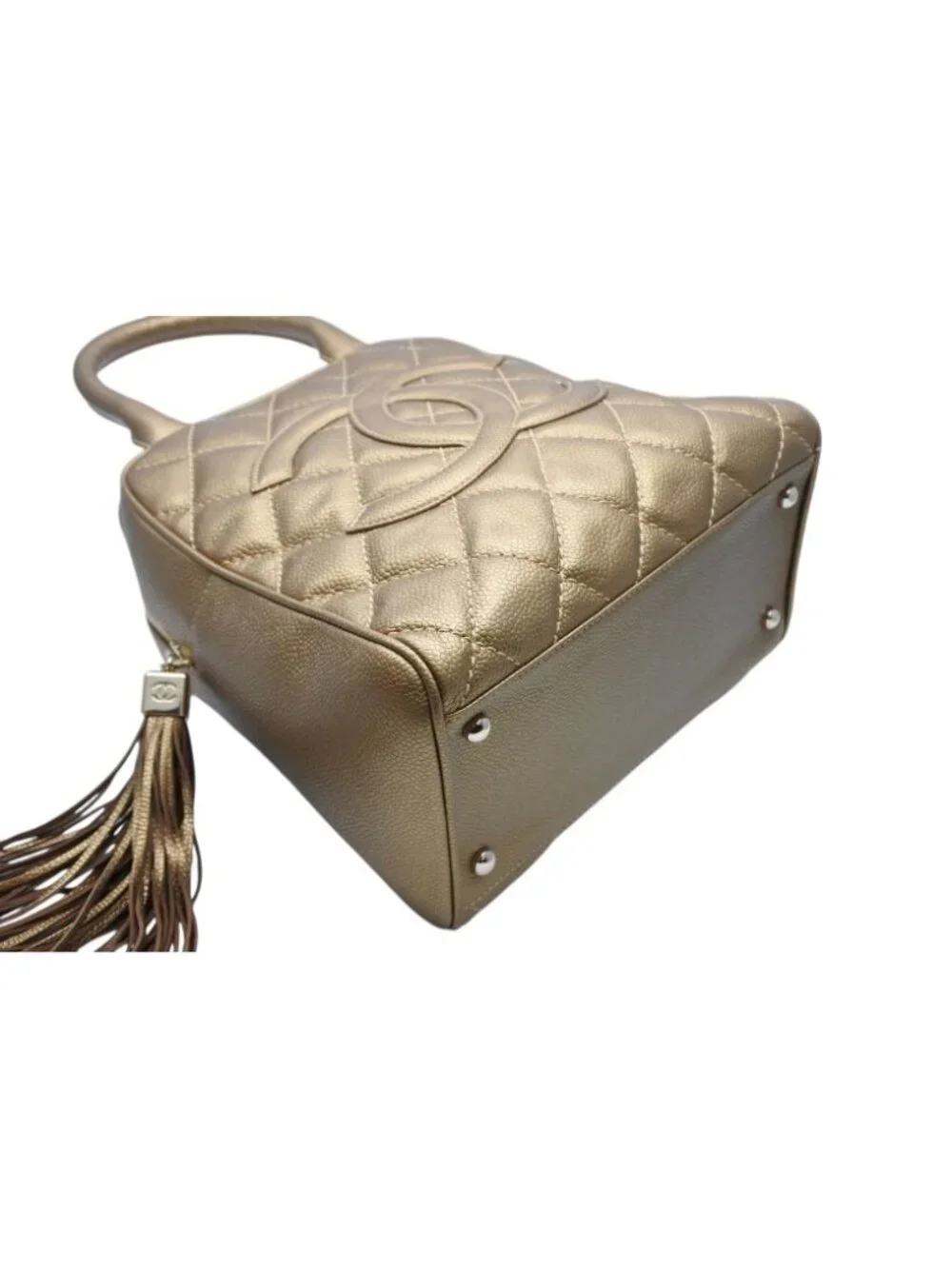 Chanel Handbag Caviar Leather CC Logo Fringe Gold